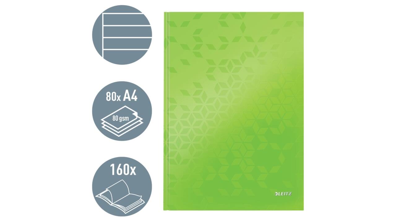 Notitieboek Leitz WOW A4 160blz 90gr lijn groen