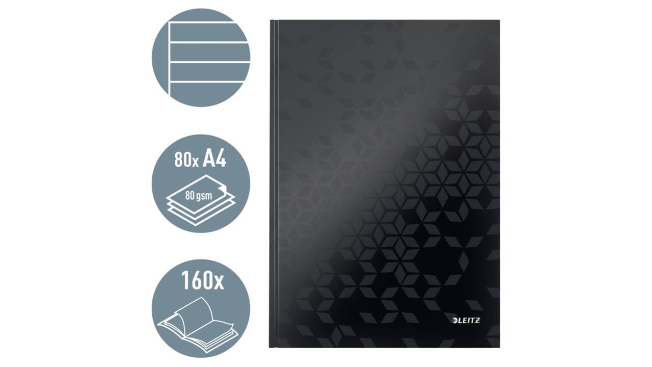 Notitieboek Leitz WOW A4 160blz 90gr lijn zwart