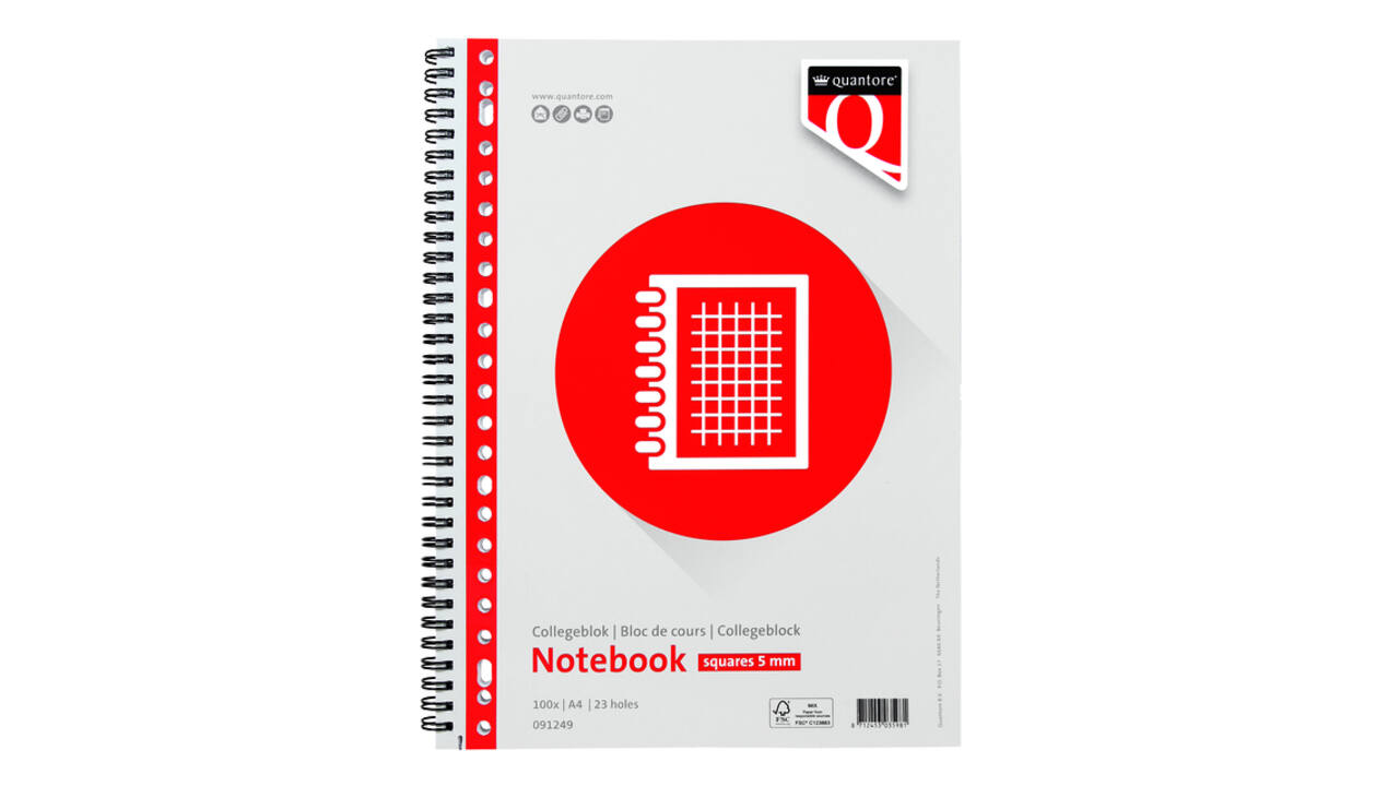 Collegeblok Quantore A4 ruit 5mm 23-gaats 200 pagina's 70gr