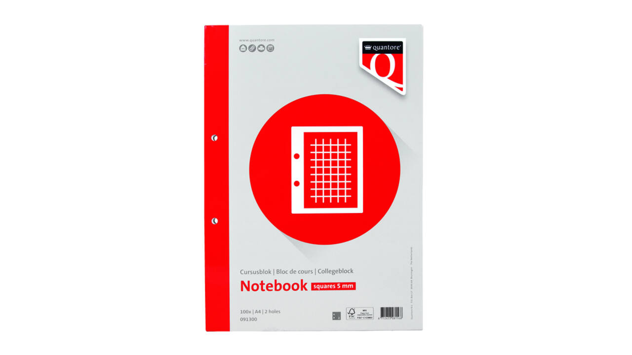 Cursusblok Quantore A4 ruit 5mm met kantlijn 200 pagina's 80gr