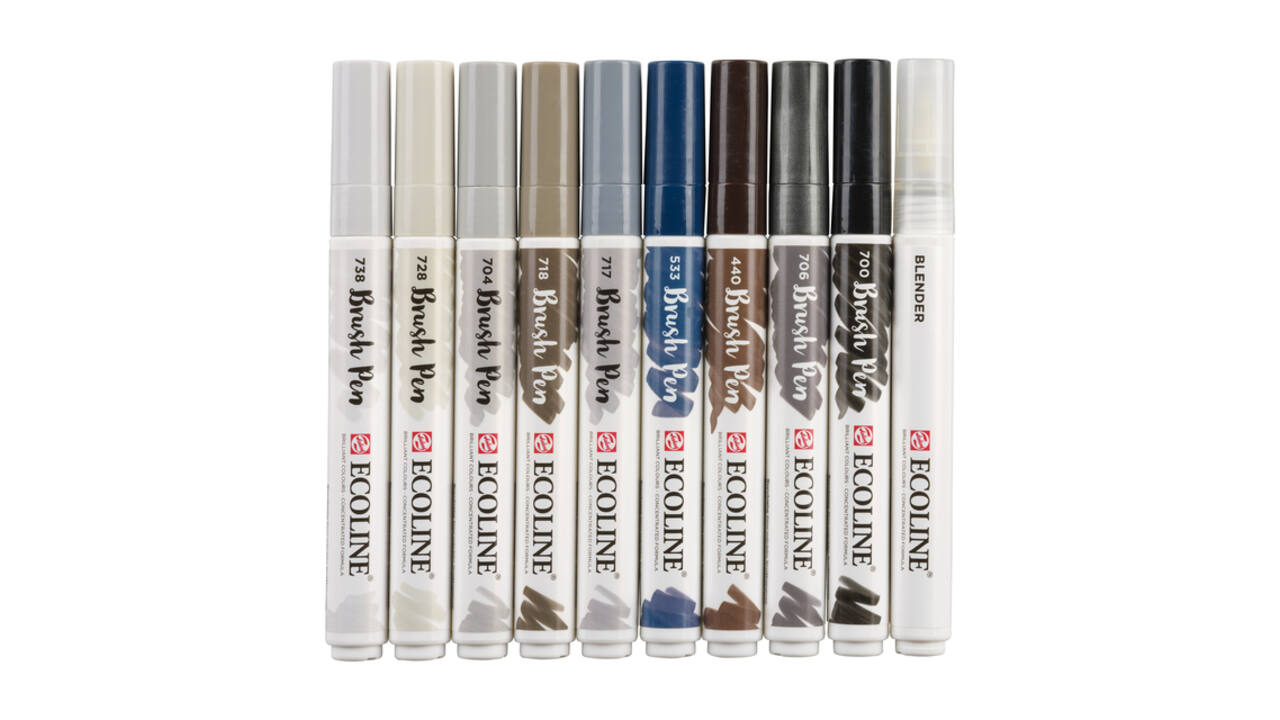 Brushpen Talens Ecoline set à 10 stuks grijs
