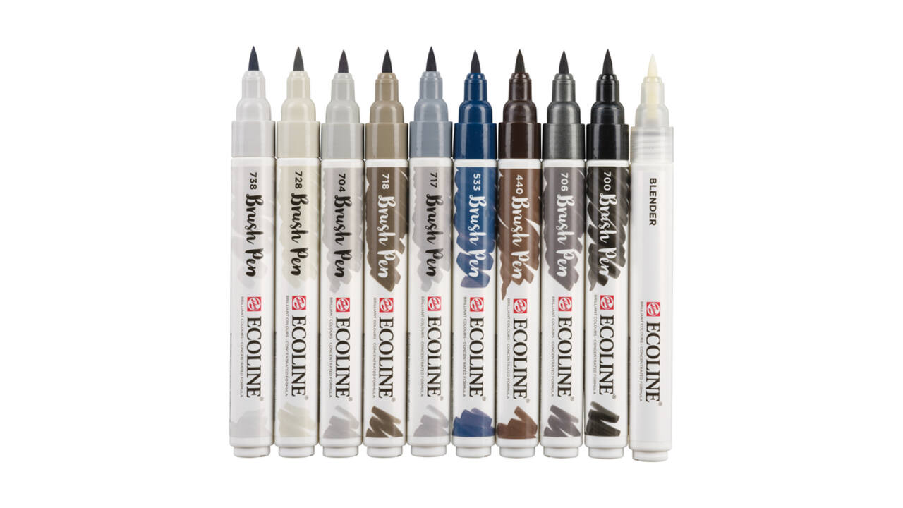Brushpen Talens Ecoline set à 10 stuks grijs