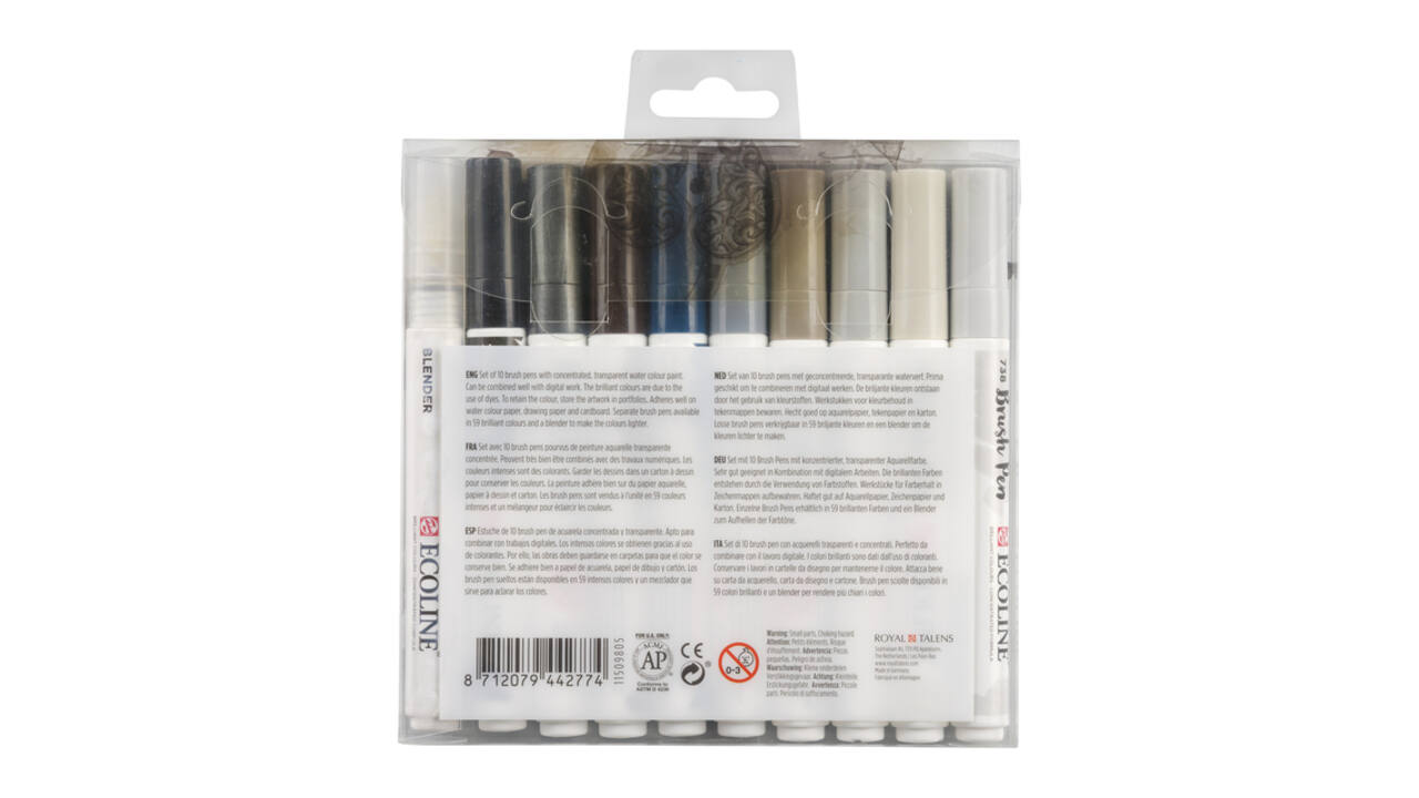 Brushpen Talens Ecoline set à 10 stuks grijs