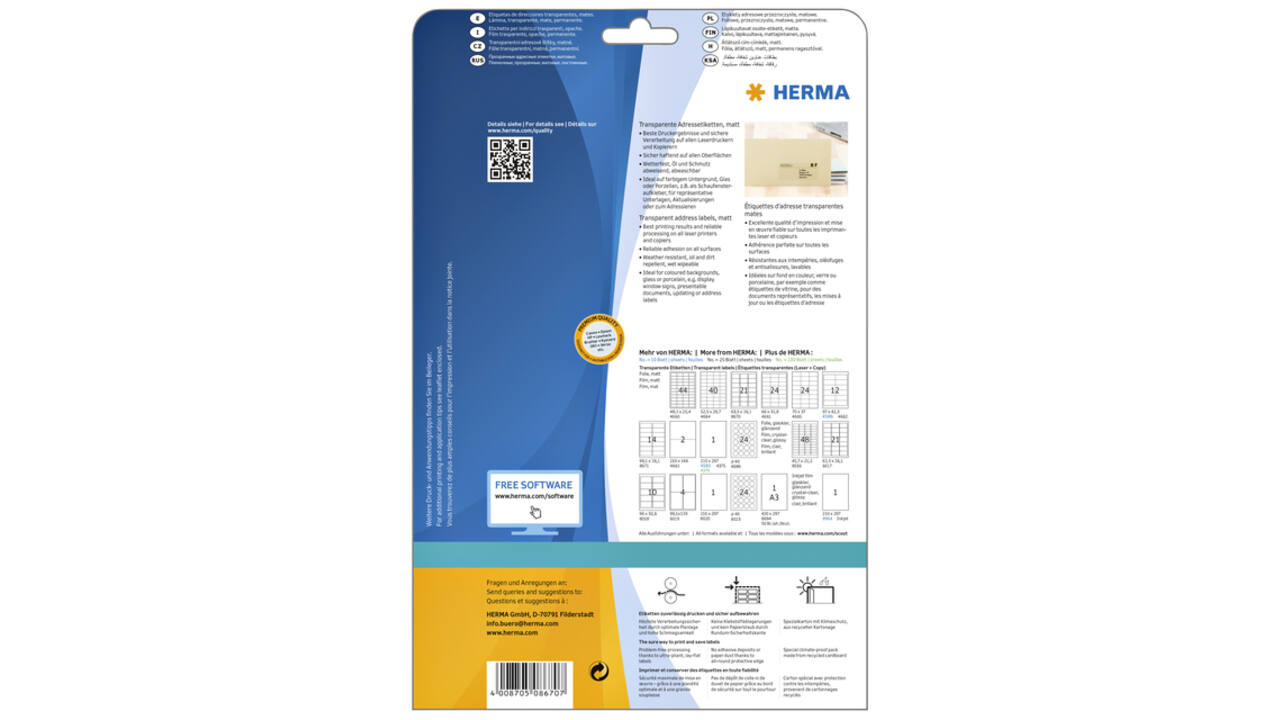 Etiket HERMA 8670 A4 63.5x38.1mm folie transparant mat 525 stuks