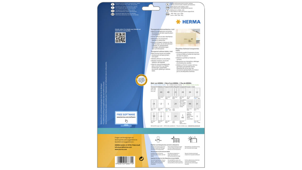 Etiket HERMA 8671 A4 99.1x38.1mm folie transparant mat 350 stuks