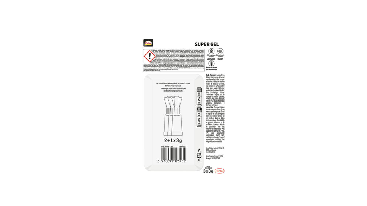 Secondelijm Pattex super gel 3 gram blister 2+1 gratis