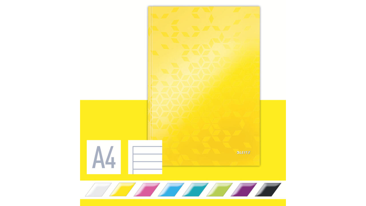 Notitieboek Leitz WOW A4 160blz 90gr lijn geel