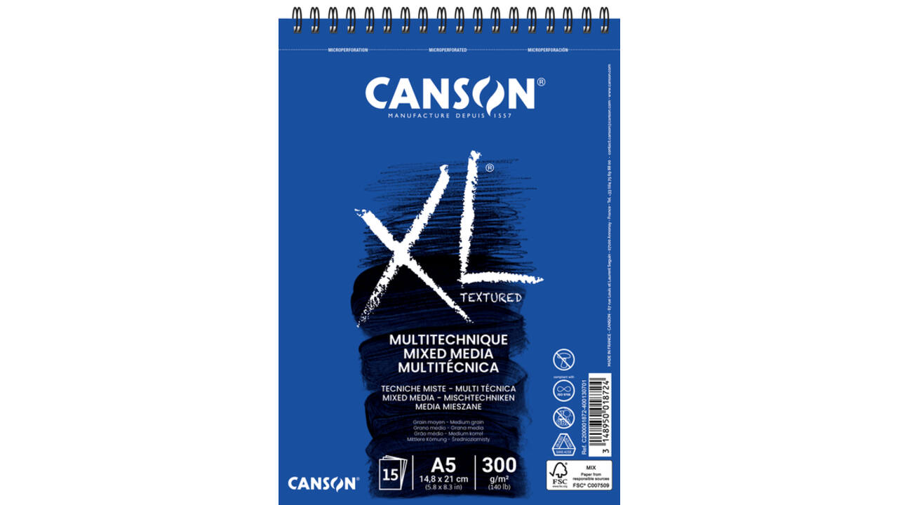 Mixed mediapapier Canson XL Textured Mixed Media 15vel 300gr A5 wit