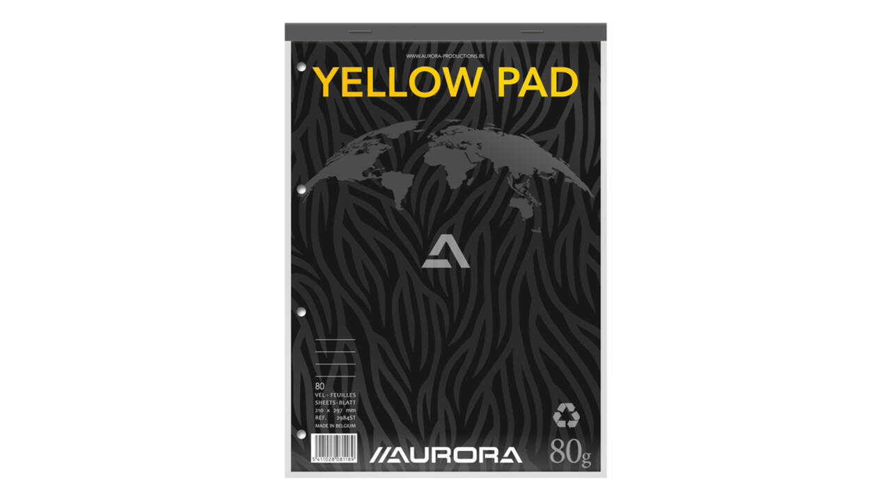 Cursusblok Aurora A4 lijn 4-gaats 160 pagina's 80gr geel