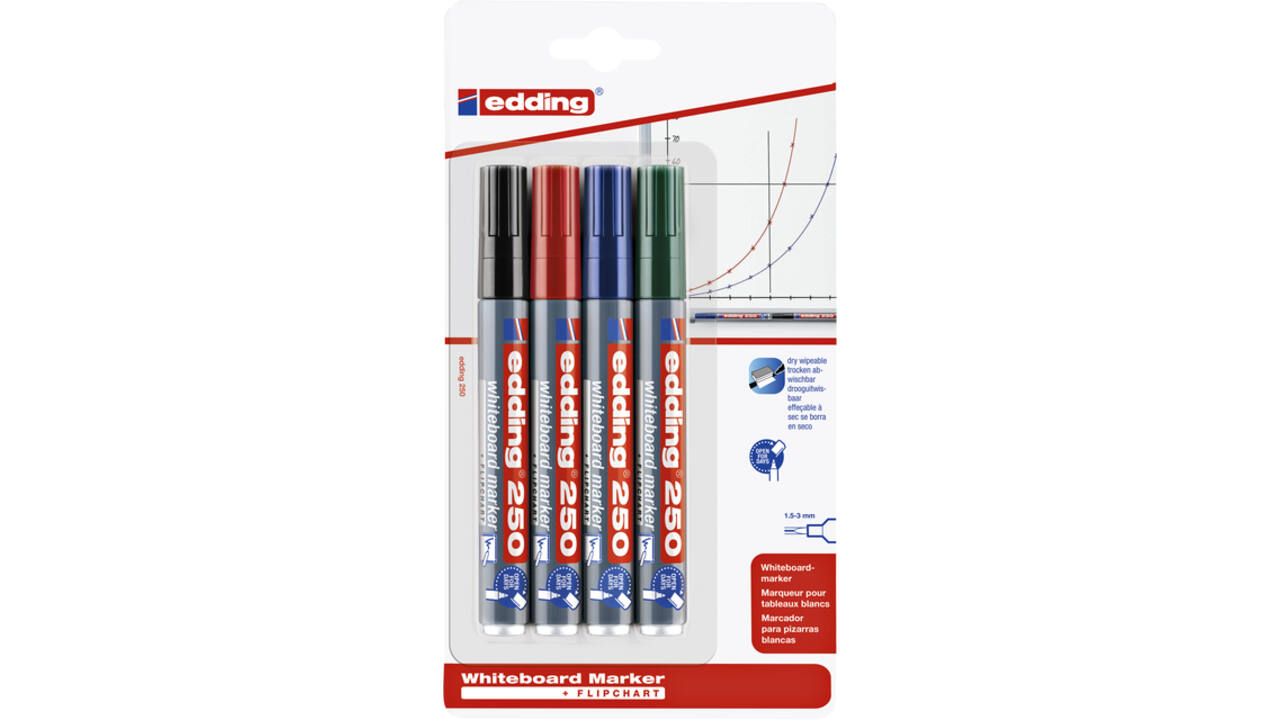 Whiteboardmarker edding 250 rond 1.5-3mm assorti blister à 4 stuks