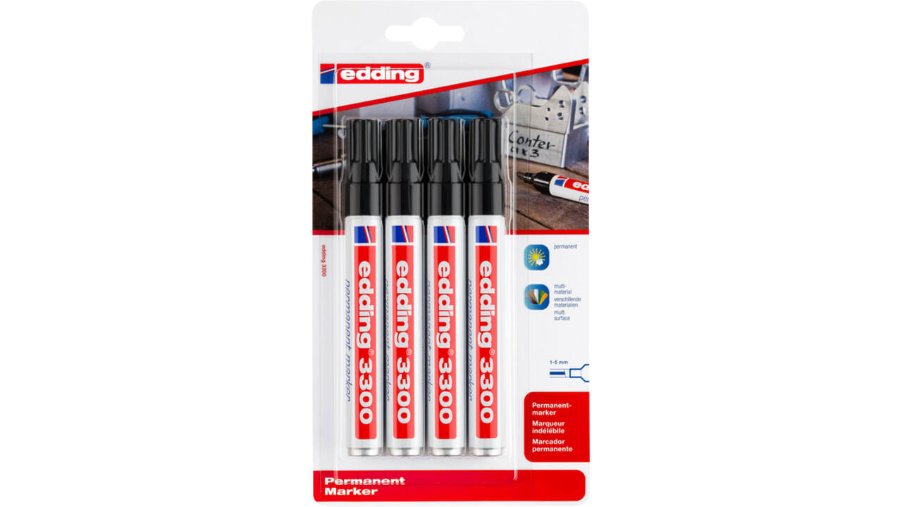 Viltstift edding 3300 schuin 1-5mm zwart blister à 4 stuks