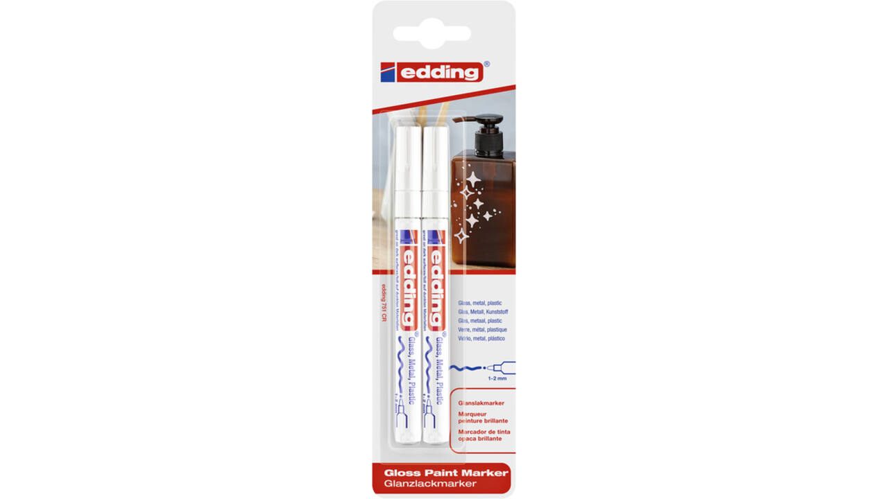 Paintmarker edding 751 op oliebasis 1-2mm wit blister à 2 stuks