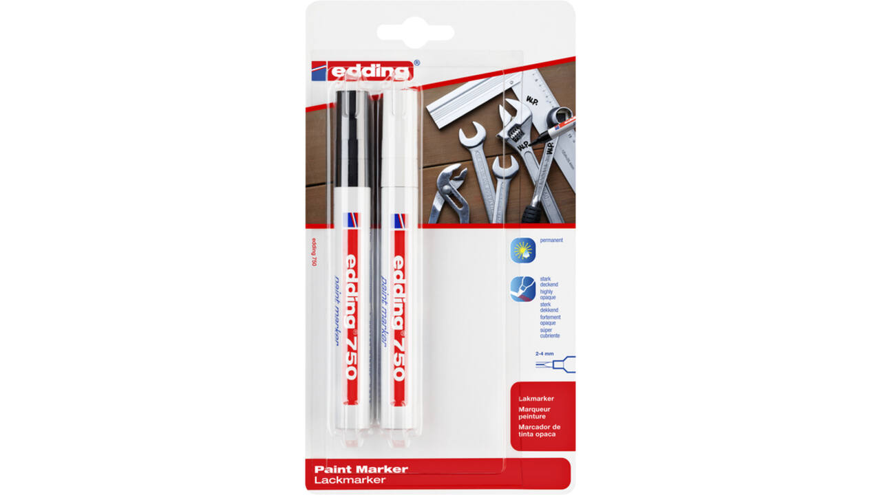 Paintmarker edding 750 op oliebasis 2-4mm wit en zwart blister à 2st