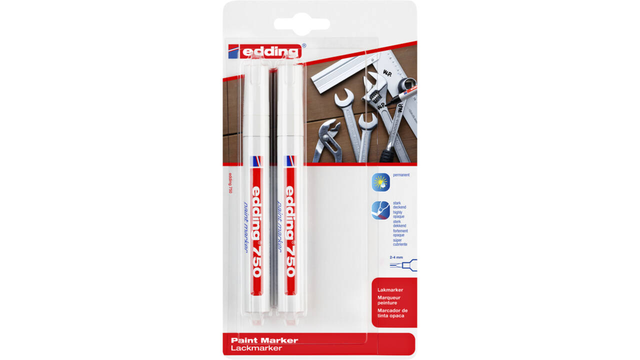 Paintmarker edding 750 op oliebasis 2-4mm wit blister à 2 stuks