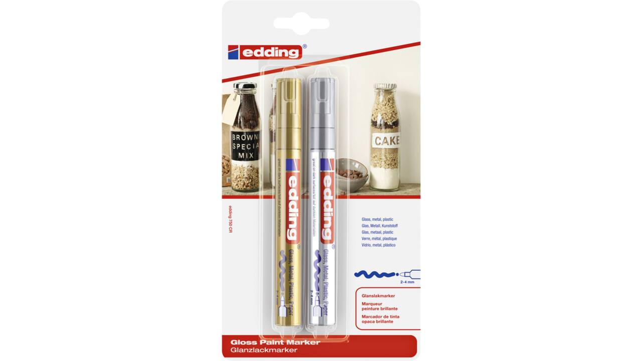 Paintmarker edding 750 op oliebasis 2-4mm goud en zilver blister à 2st