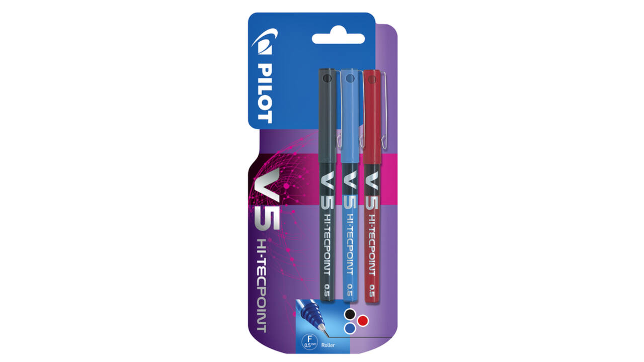 Rollerpen PILOT V5 fijn assorti blister à 3 stuks