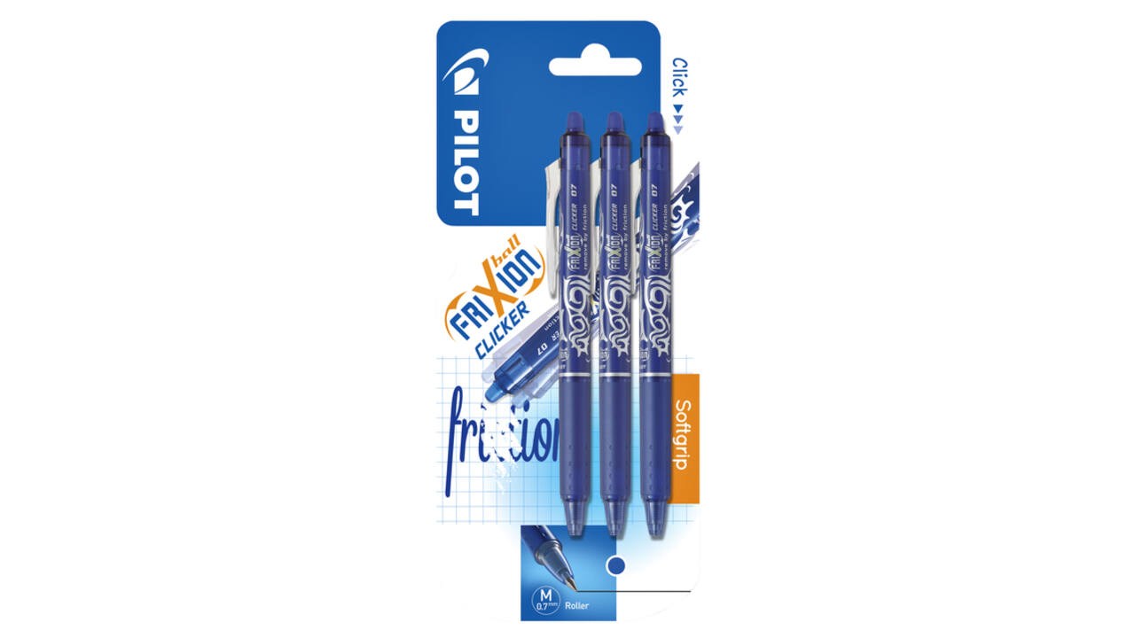 Rollerpen PILOT friXion clicker medium blauw blister à 3 stuks