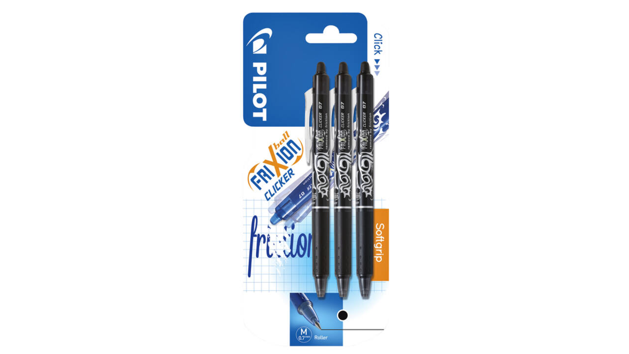 Rollerpen PILOT friXion clicker medium zwart blister à 3 stuks