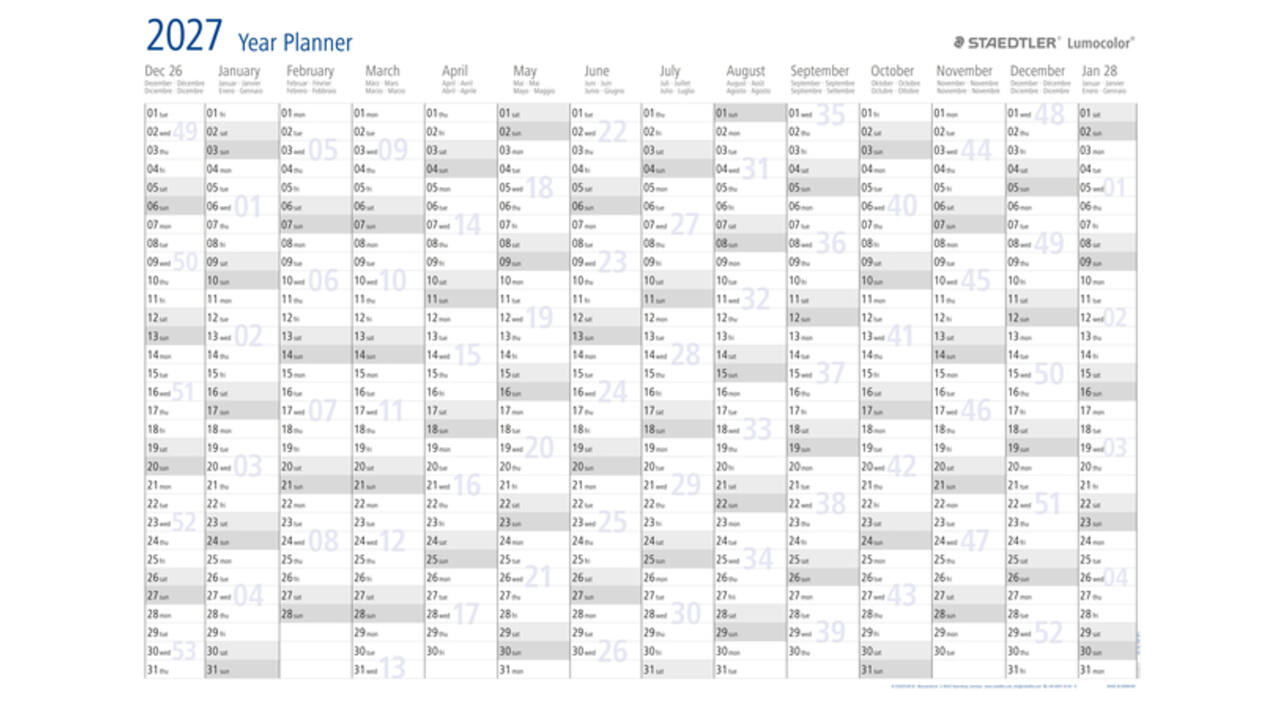 Jaarplanner 2027 Staedtler Lumocolor 84x60cm oprolbaar