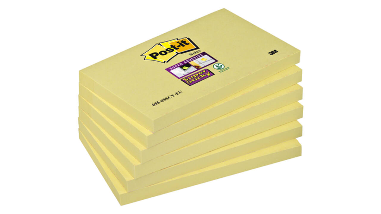 Memoblok Post-it 655 Super Sticky 76x127mm geel 6 stuks