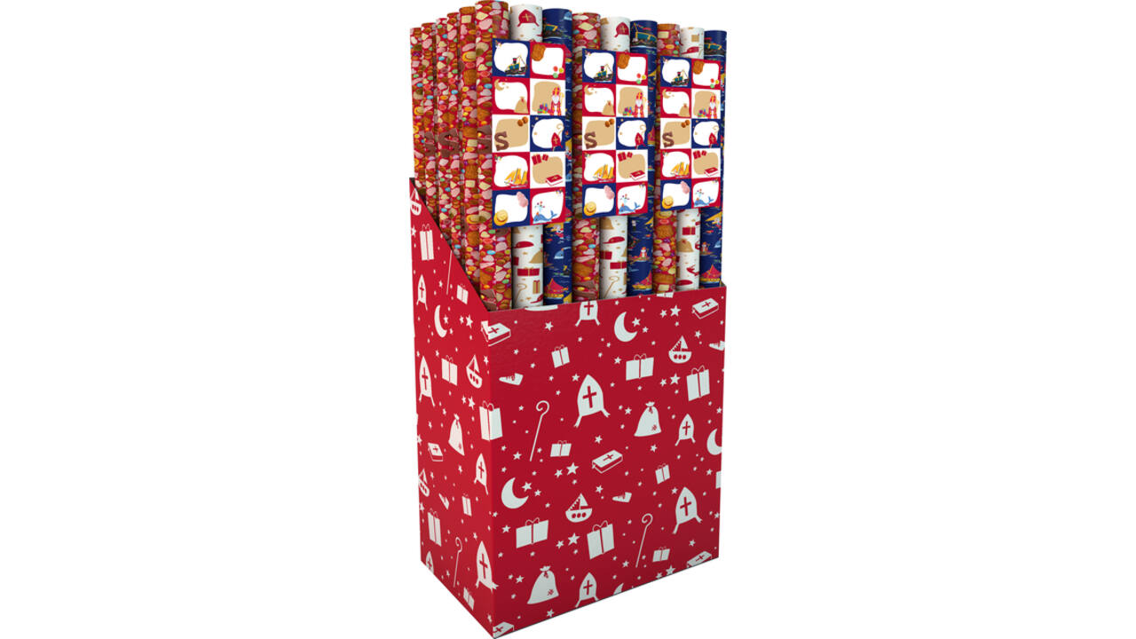Inpakpapier Sint 200x70cm set à 3 rollen + stickervel met 10 etiketten assorti
