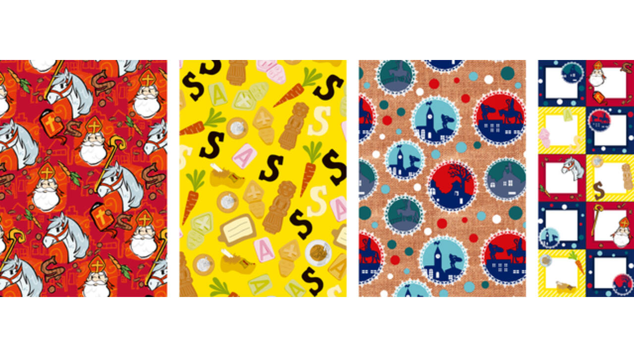 Inpakpapier Sint 200x70cm set à 3 rollen + stickervel met 10 etiketten assorti