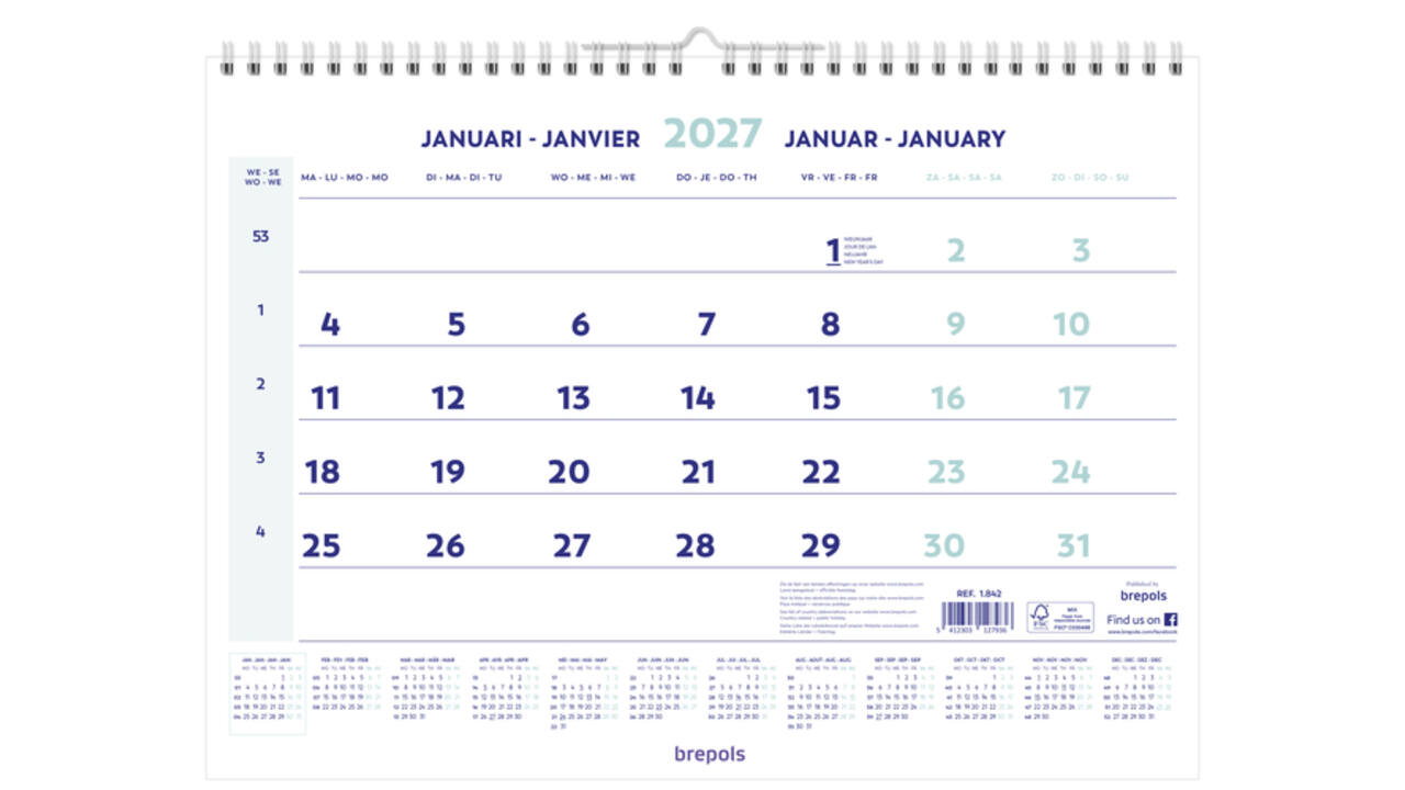 1-Maandskalender 2027 Brepols 43x31.5cm