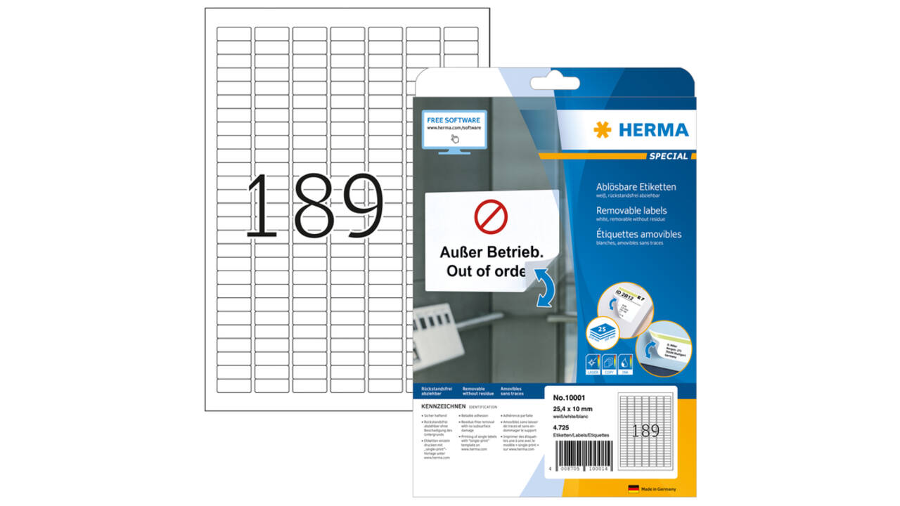 Etiket HERMA 10001 A4 25.4x10mm verwijderbaar wit 4725 stuks