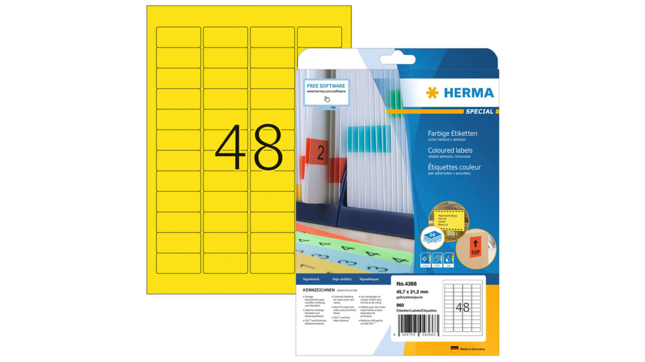Etiket HERMA 4366 A4 45.7x21.2mm verwijderbaar geel