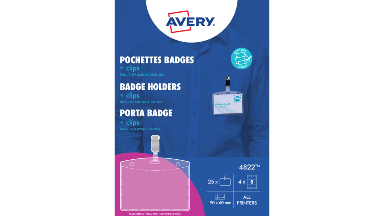 Badge Avery met clip 4822 60x90mm 25 stuks + 32 insteekkaarten