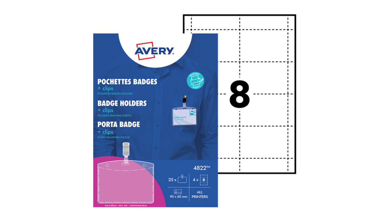 Badge Avery met clip 4822 60x90mm 25 stuks + 32 insteekkaarten