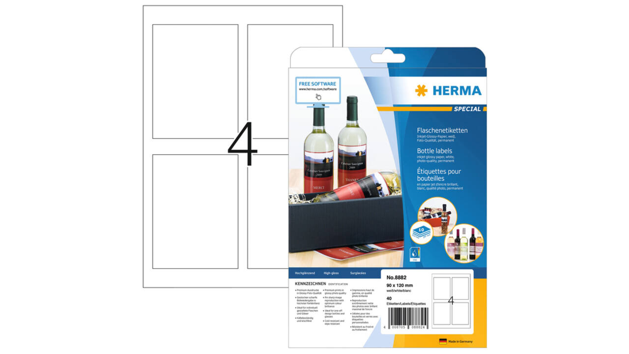 Etiket HERMA flessen 8882 90x120mm A4 glossy wit 40 stuks