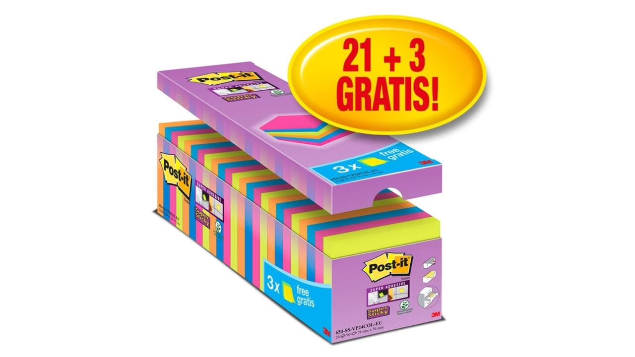 Memoblok Post-it 654 Super Sticky 76x76mm 21+3 gratis assorti