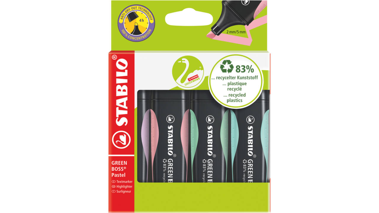 Markeerstift STABILO GREEN BOSS 6070/4 pastel assorti etui à 4 stuks