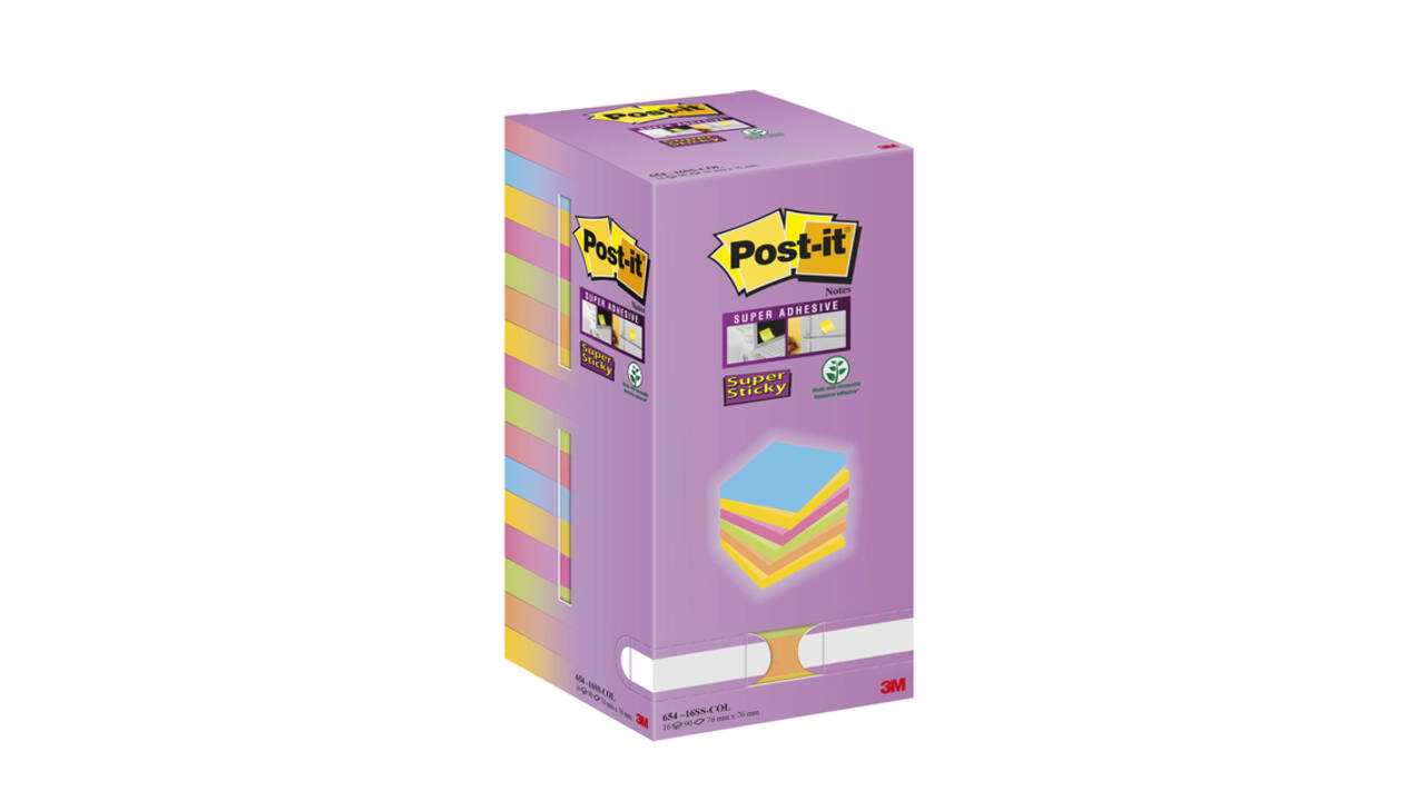 Memoblok Post-it Super Sticky 654 76x76mm color 16 stuks