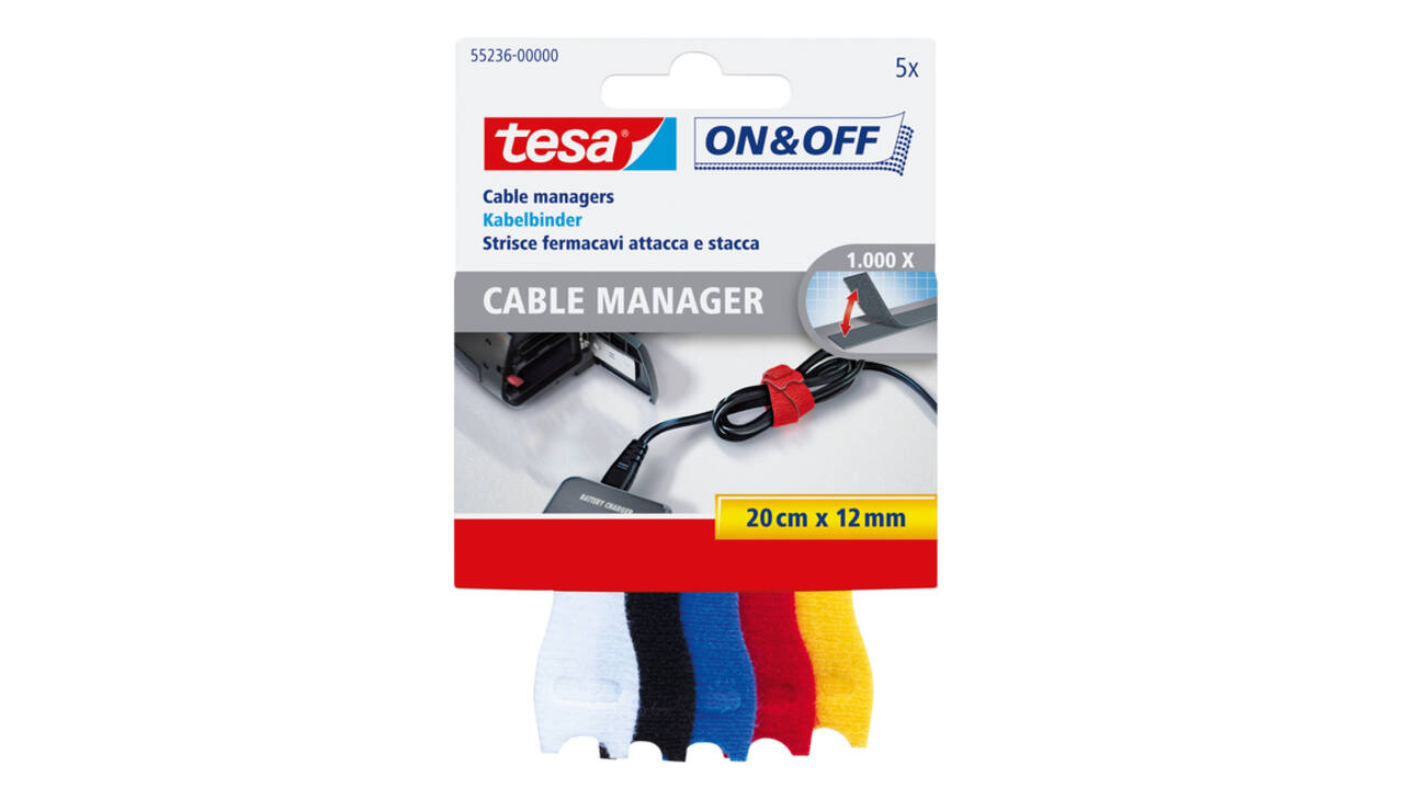 Kabelmanager tesa® On & Off 12mmx20cm diverse kleuren 5 stuks