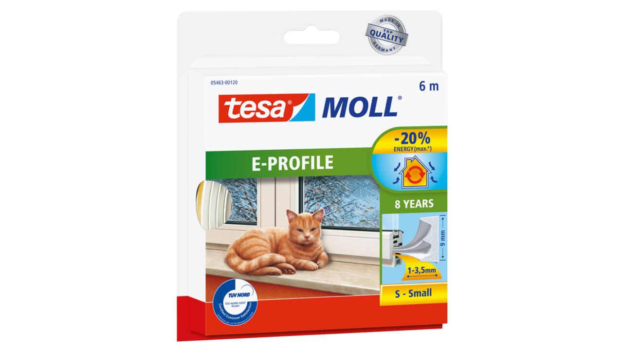 Tochtstrip tesamoll® E-profiel zelfklevend rubber 6mx9mm wit