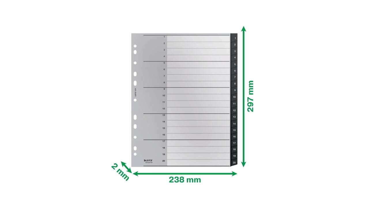 Tabblad Leitz Recycle A4 11-gaats 1-20 extra breed PP