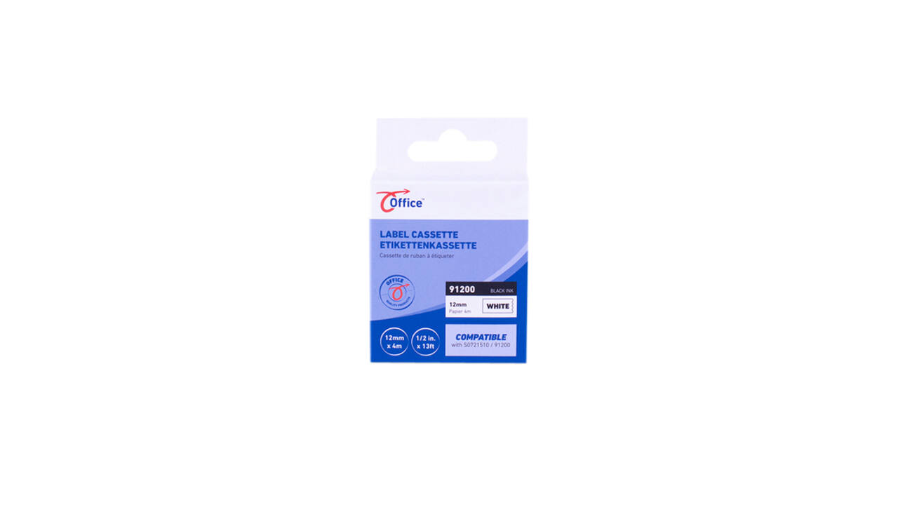 Labeltape office paper zwart wit 12mm x 4m