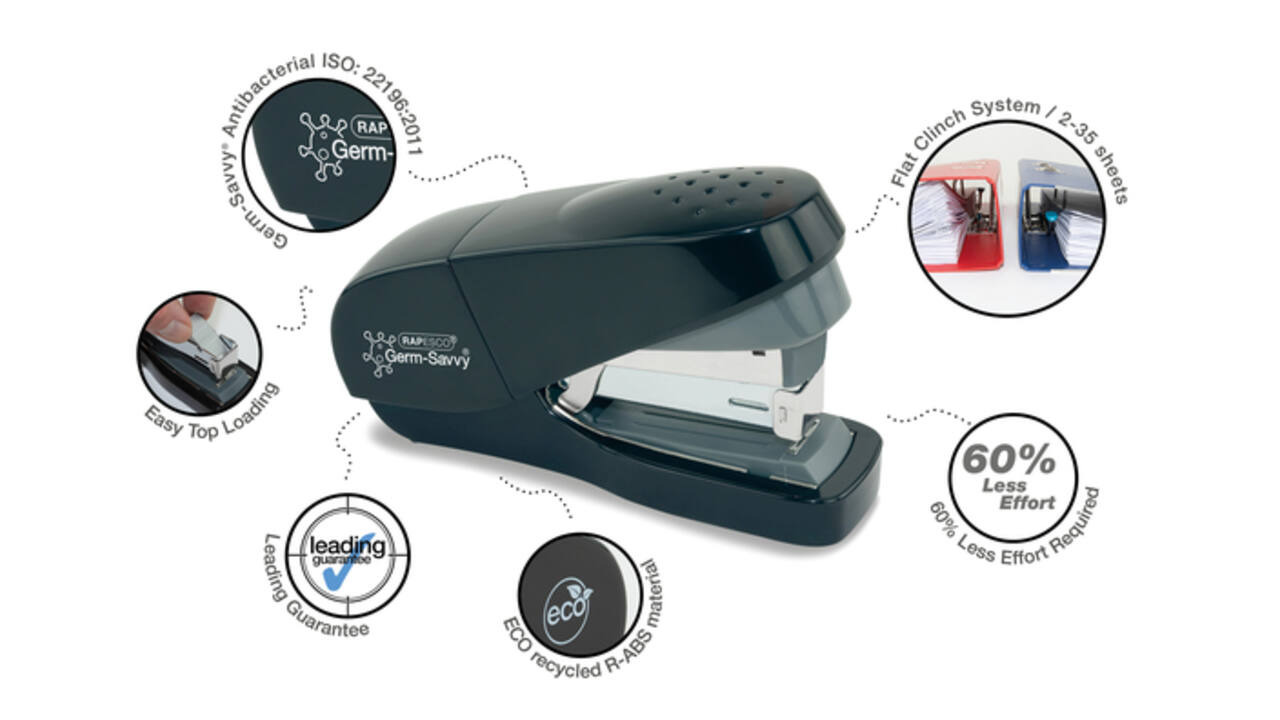 Nietmachine Rapesco Germ-Savvy Less Effort Eco antibacterieel zwart