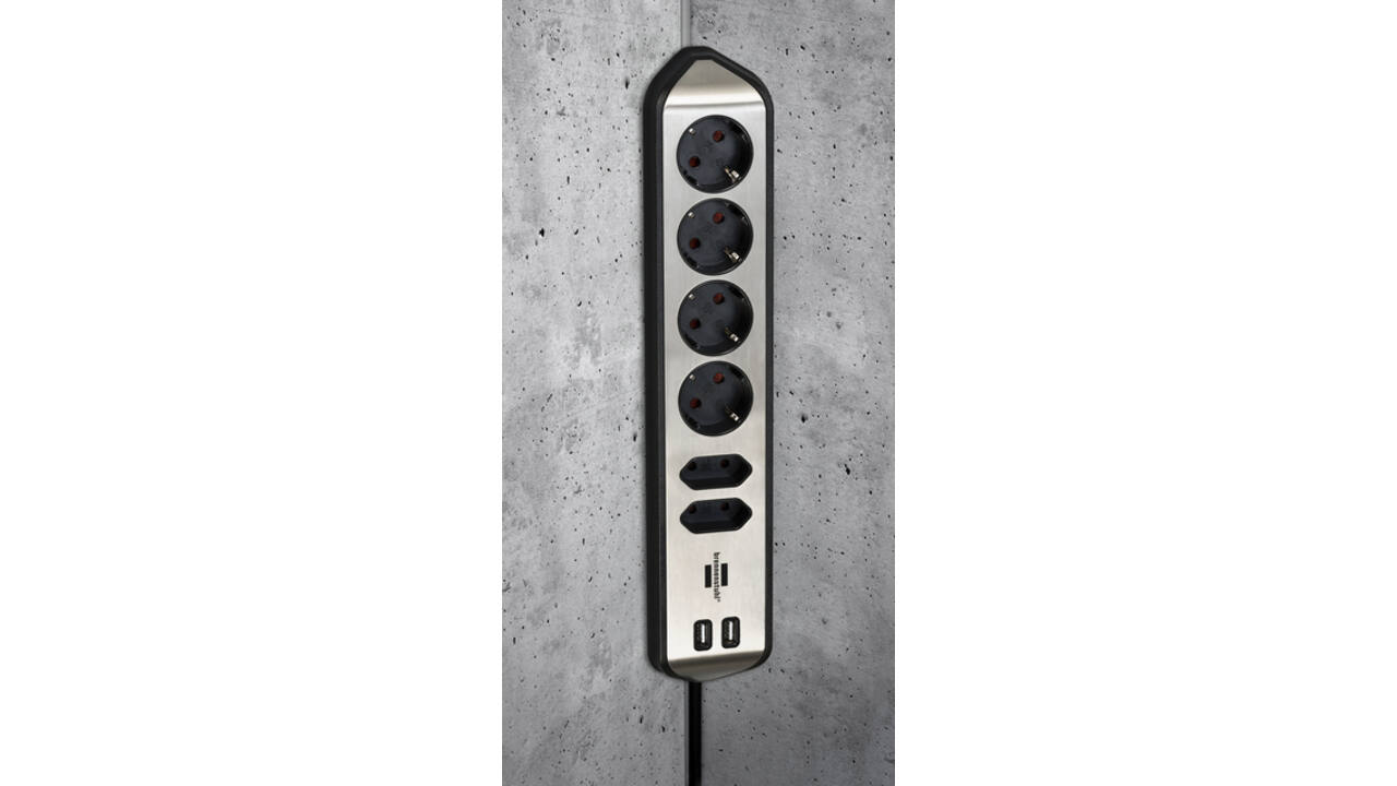 Stekkerdoos Brennenstuhl bureau Estilo 6vdig incl 2 USB 2m zw/zilver