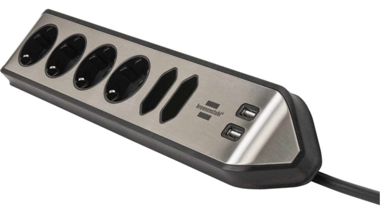 Stekkerdoos Brennenstuhl bureau Estilo 6vdig incl 2 USB 2m zw/zilver