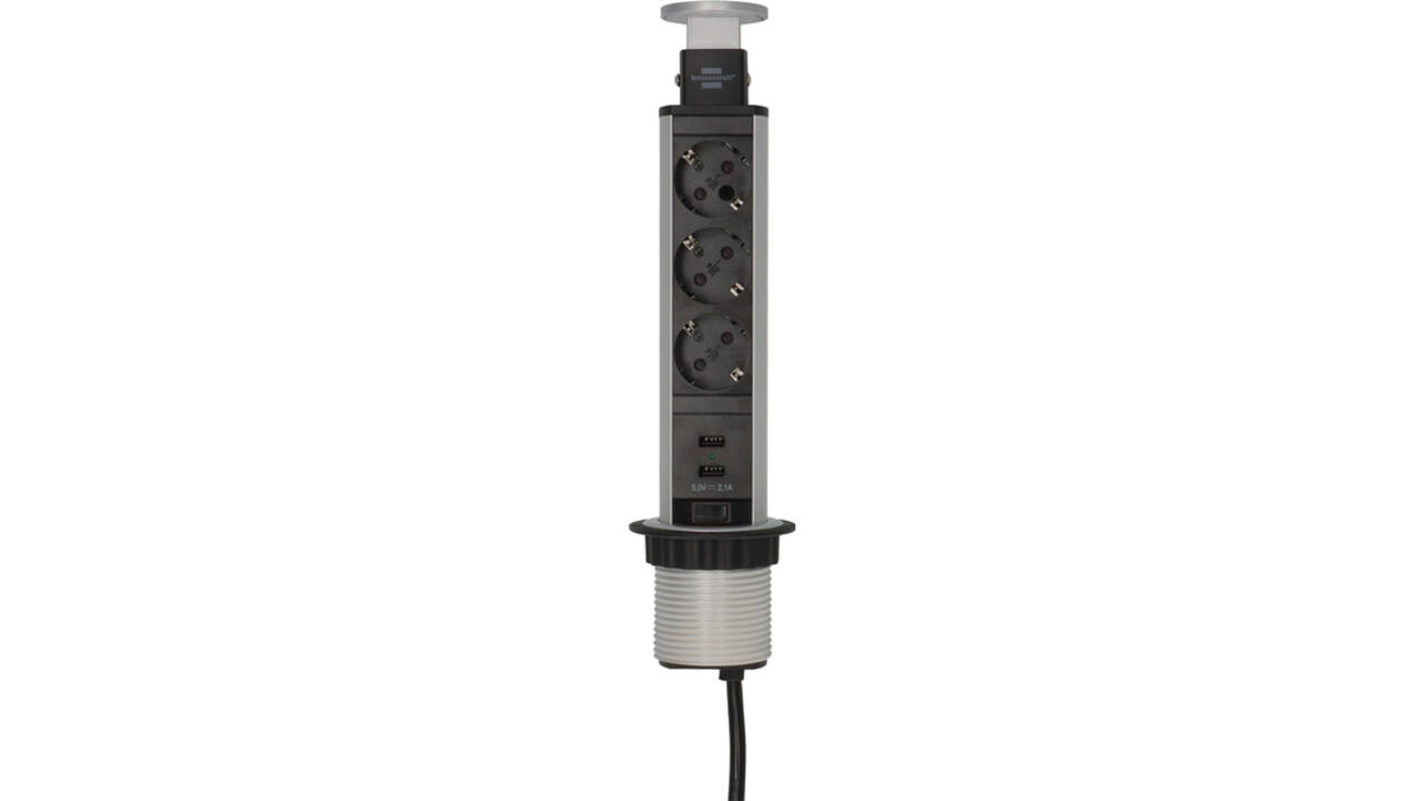 Stekkerdoos Brennenstuhl toren 3vdig incl 2 USB 2 meter zwart/zilver