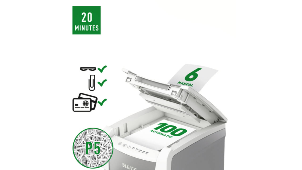 Papiervernietiger Leitz IQ Auto+ Small Office 100 P5 snippers 2x15mm
