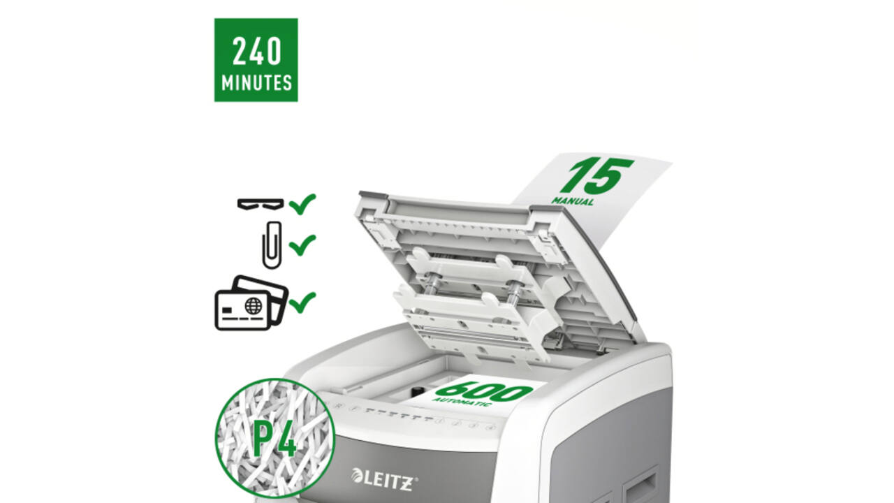 Papiervernietiger Leitz IQ Auto+ Pro 600 P4 snippers 4x28mm