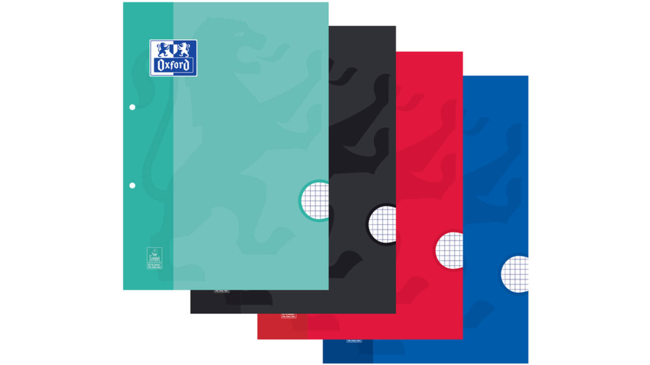 Cursusblok Oxford School A4 ruit 5x5mm 2-gaats 200 pagina's 80gr assorti