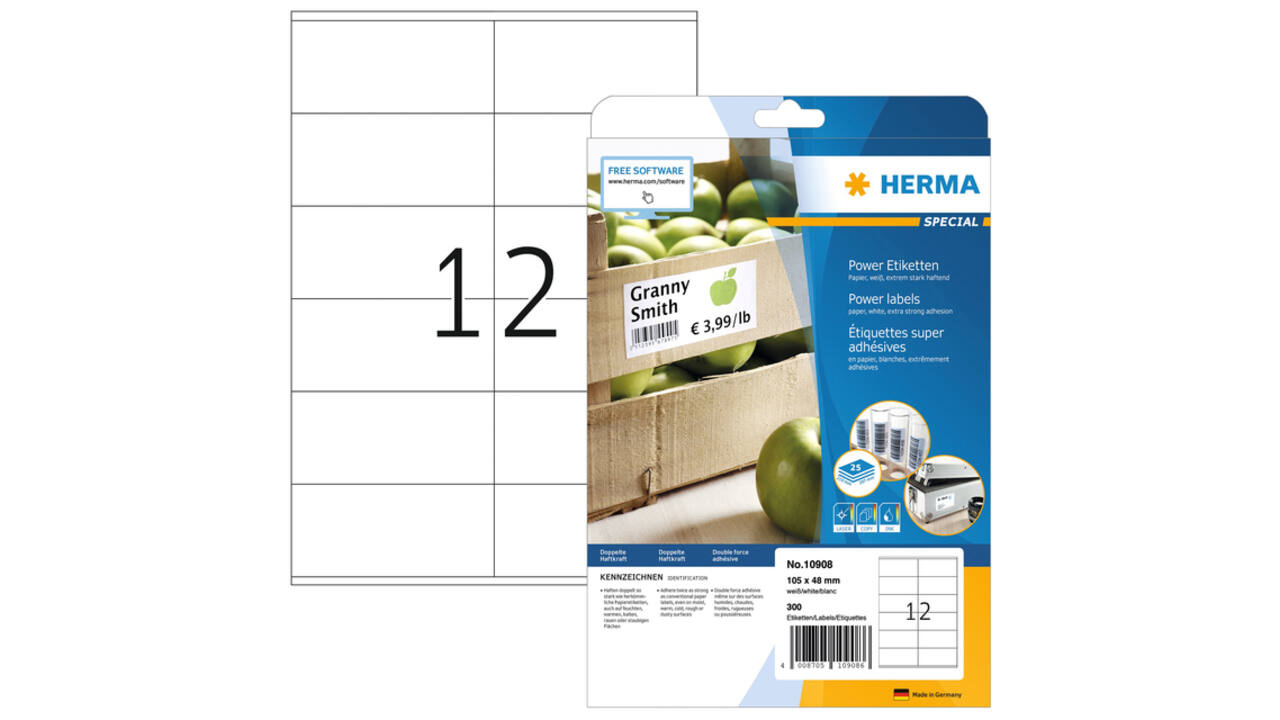 Etiket HERMA Power 10908 105x48mm wit 300 stuks