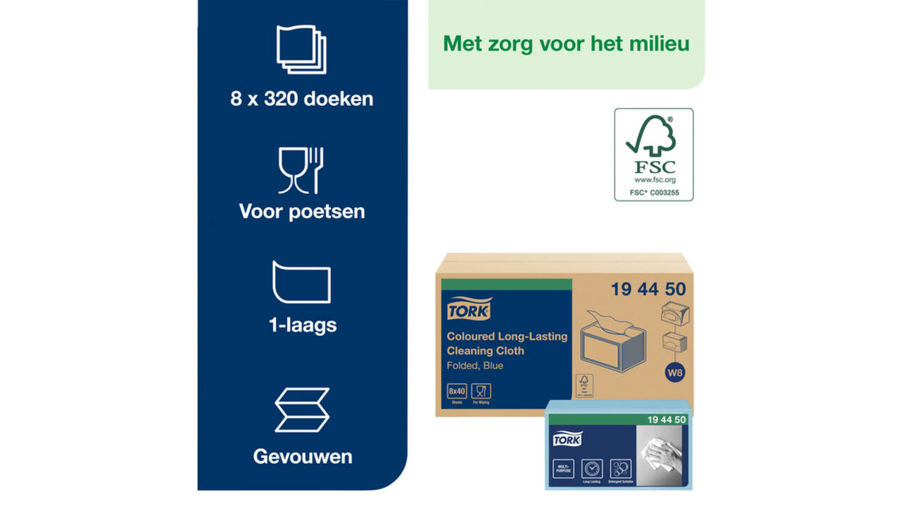 Reinigingsdoek Tork W8 Premium 1-laags 40 vel blauw 194450