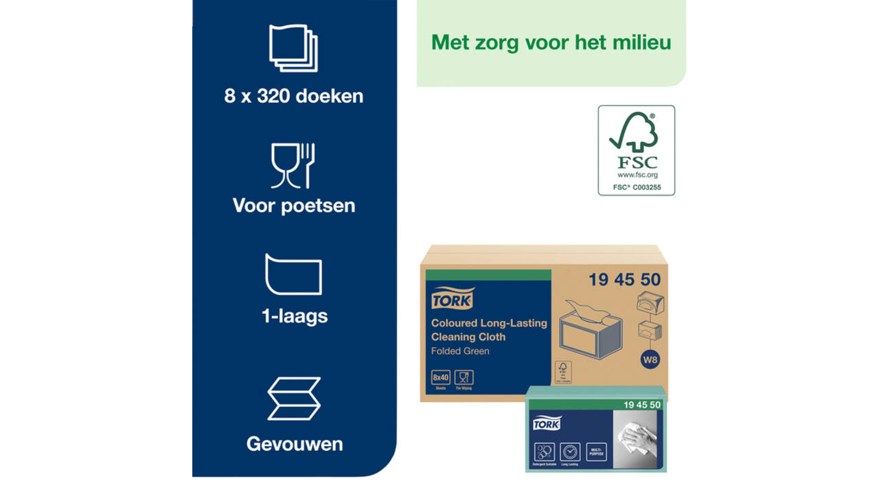 Reinigingsdoek Tork W8 Premium 1-laags 40 vel groen 194550