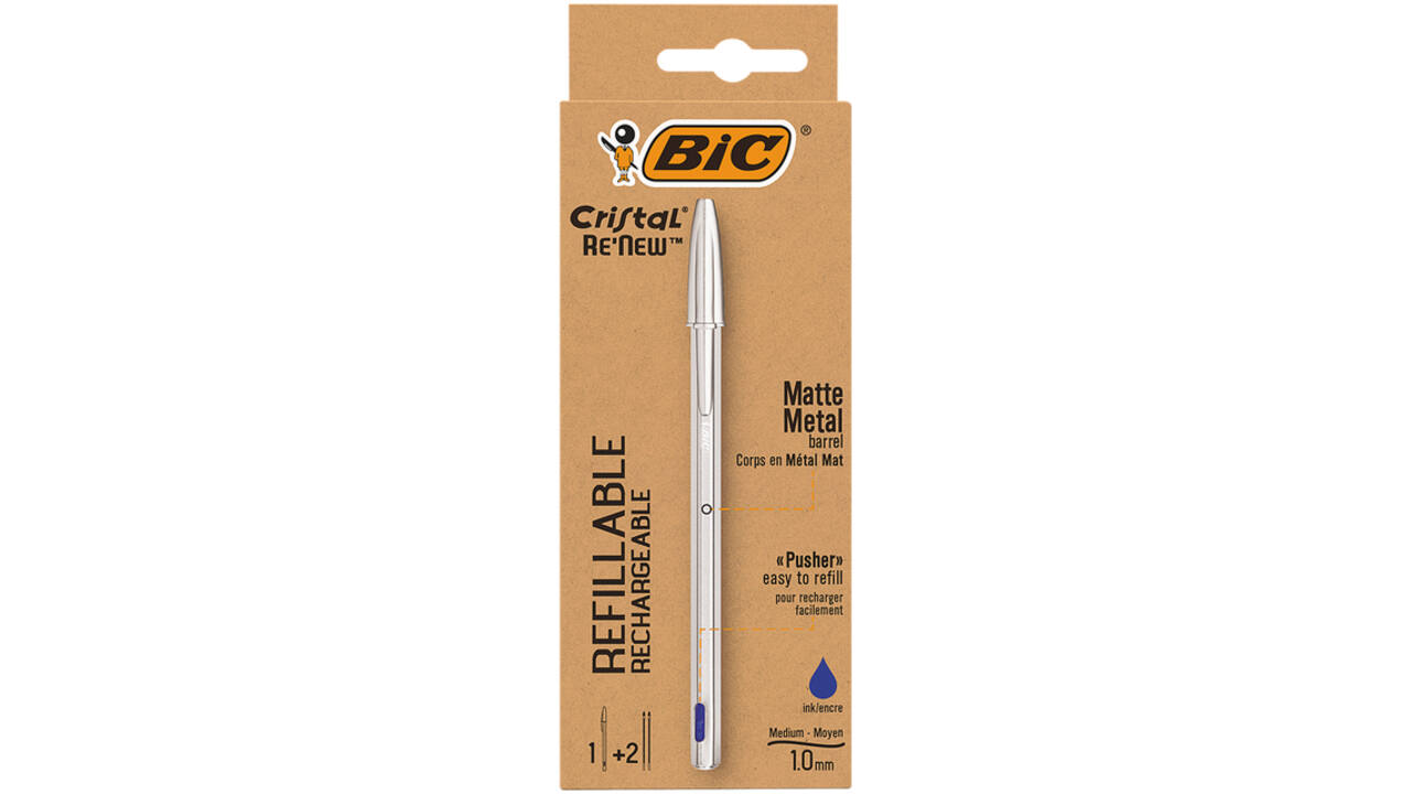 Balpen Bic Cristal Re-new medium zilver + 2 vullingen blauw